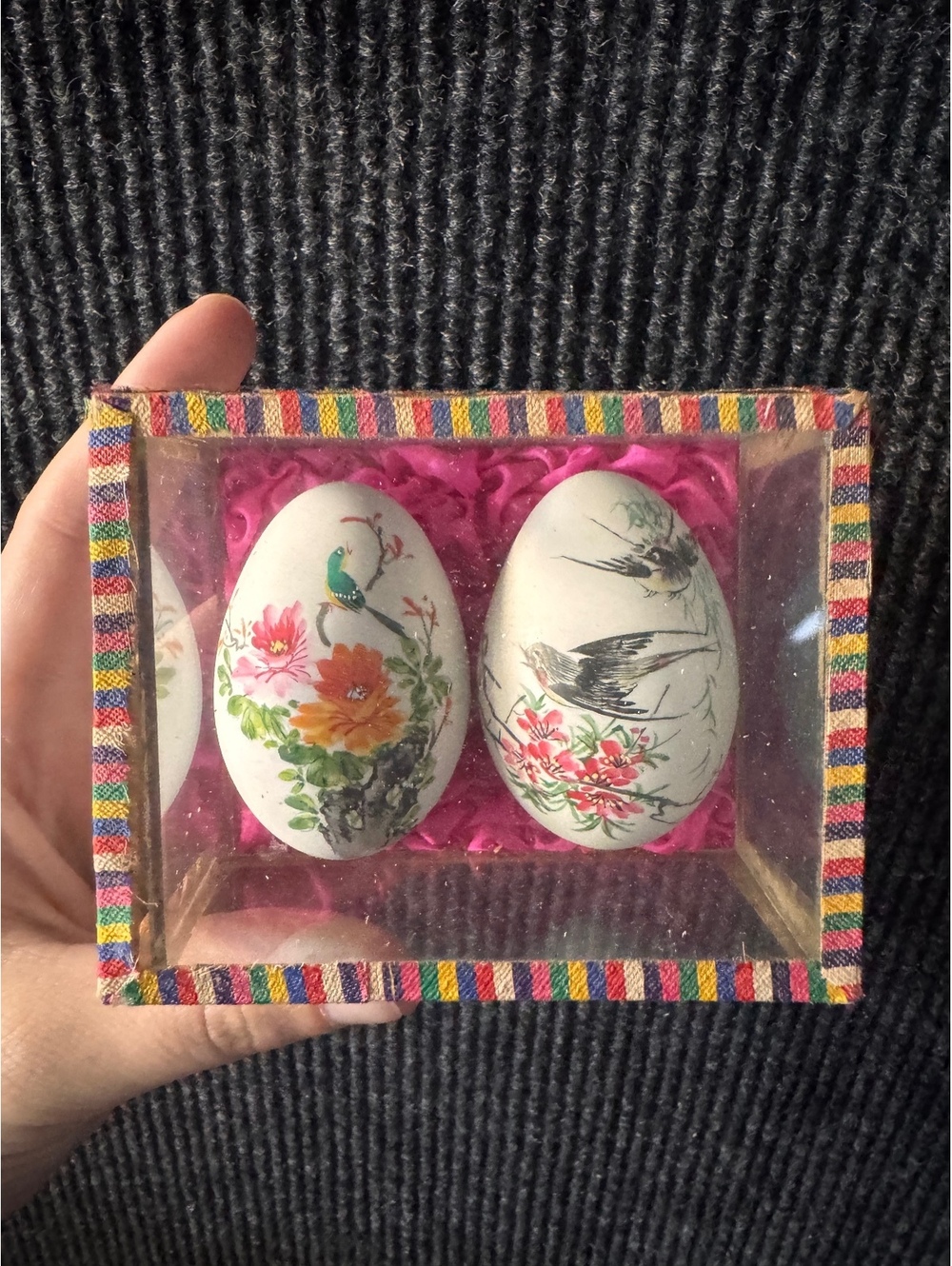 Vintage Hand-Painted Decorative Porcelain Eggs in Striped Display Box